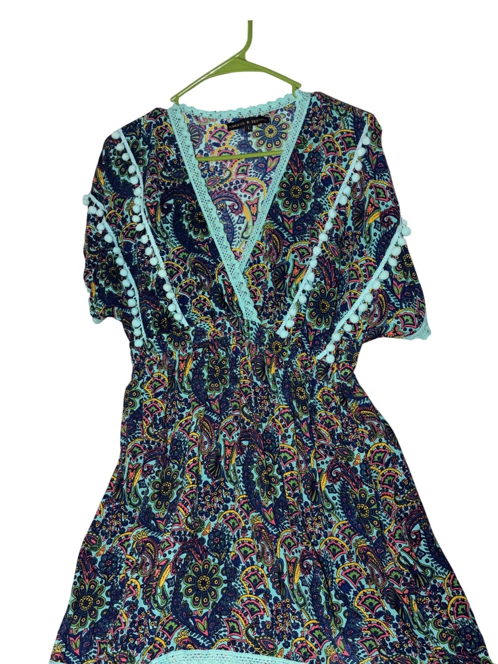 Paisley V-Neck Swim Coverup with Aqua Trim and Pom-Poms